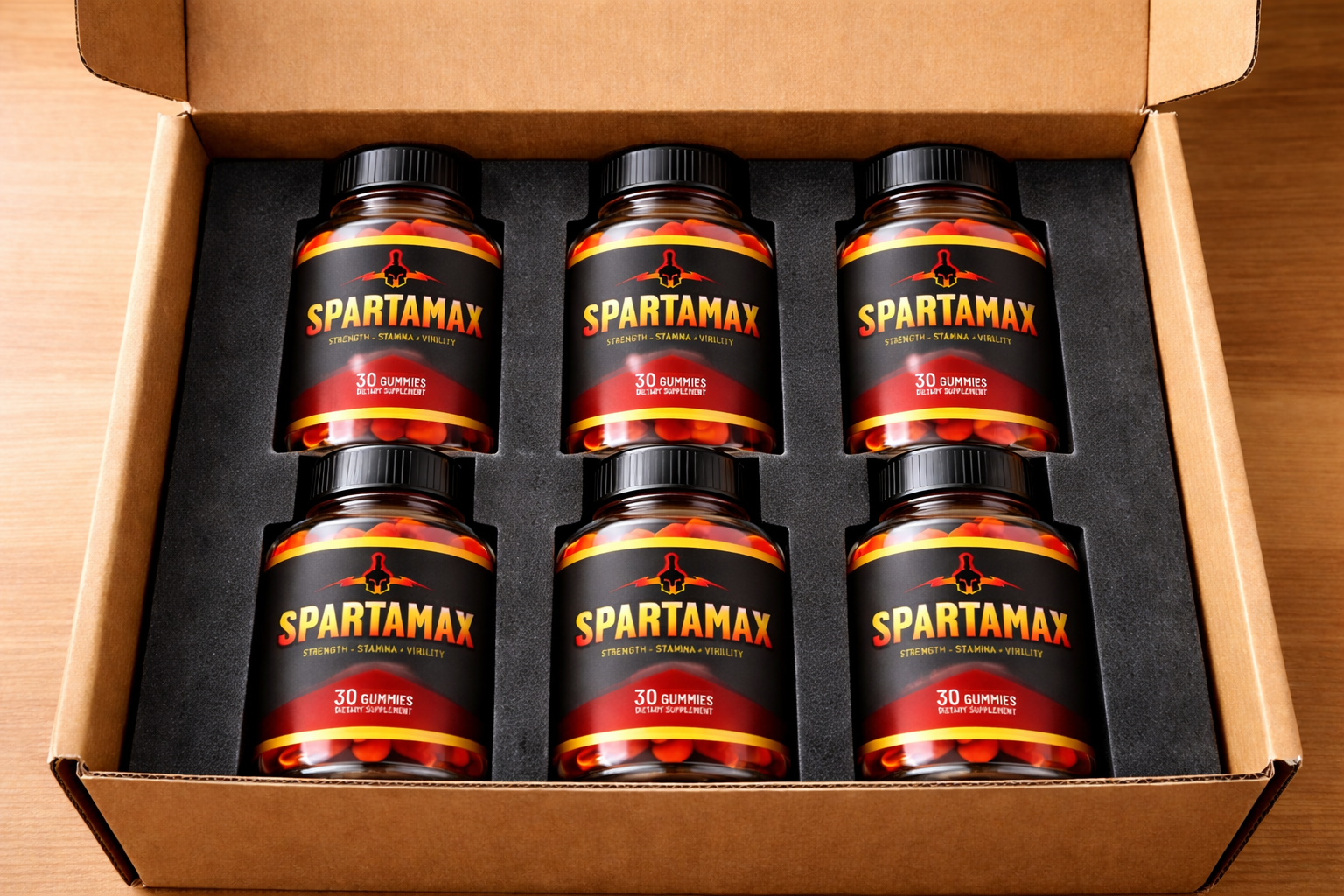 Six Spartamax bottles packed in a box